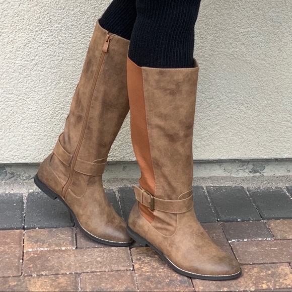 NIB Tan Burnished Toe Knee High Riding Flat Boots - Picture 2 of 7